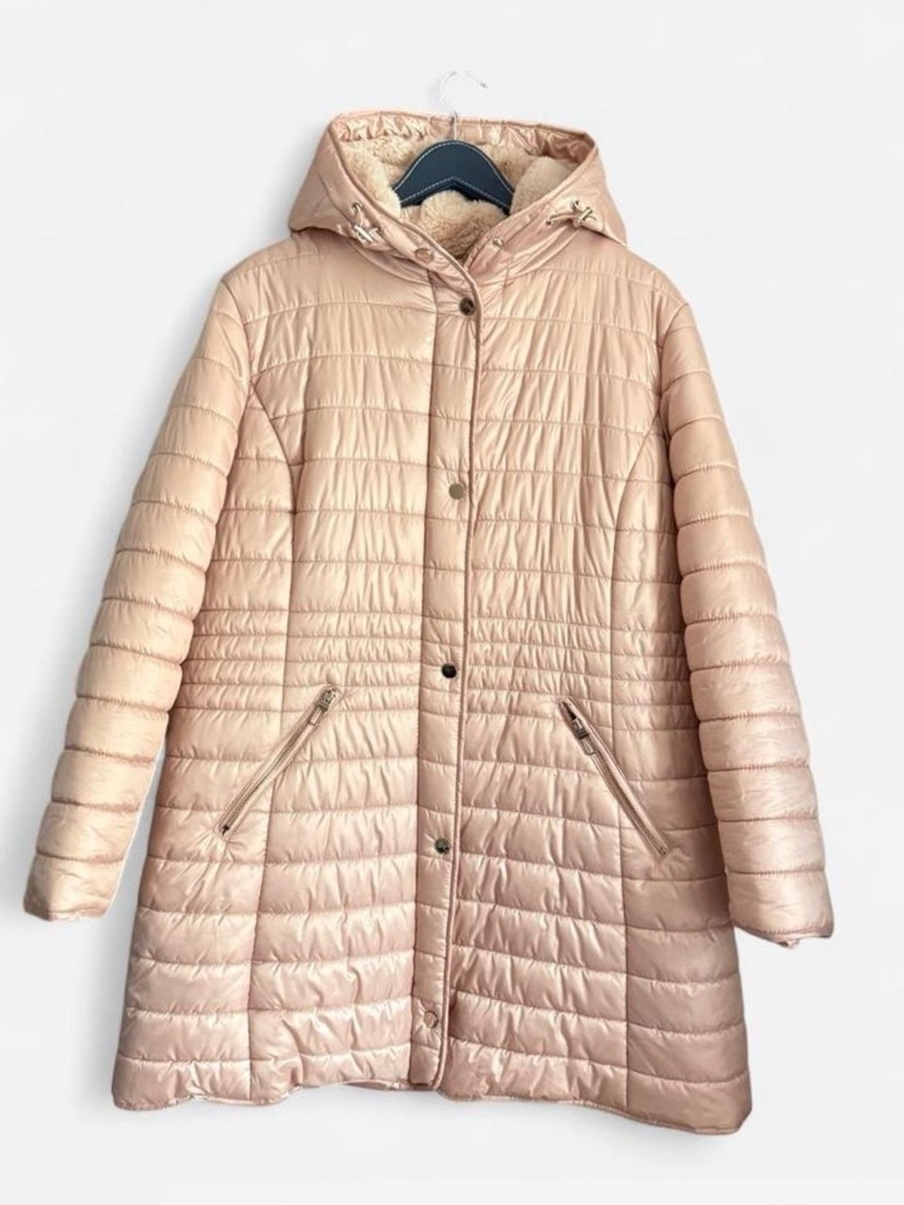 Roz & Ali 2X Champagne Long Puffer Coat Faux Fur Hood NWOT